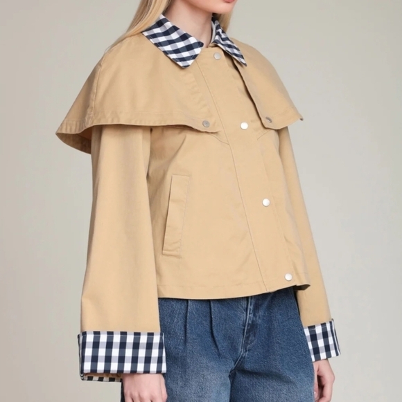 🤎🔹️Avec Les Filles🔹️ Khaki Gingham Trim Cotton Cape Jacket - Picture 3 of 5